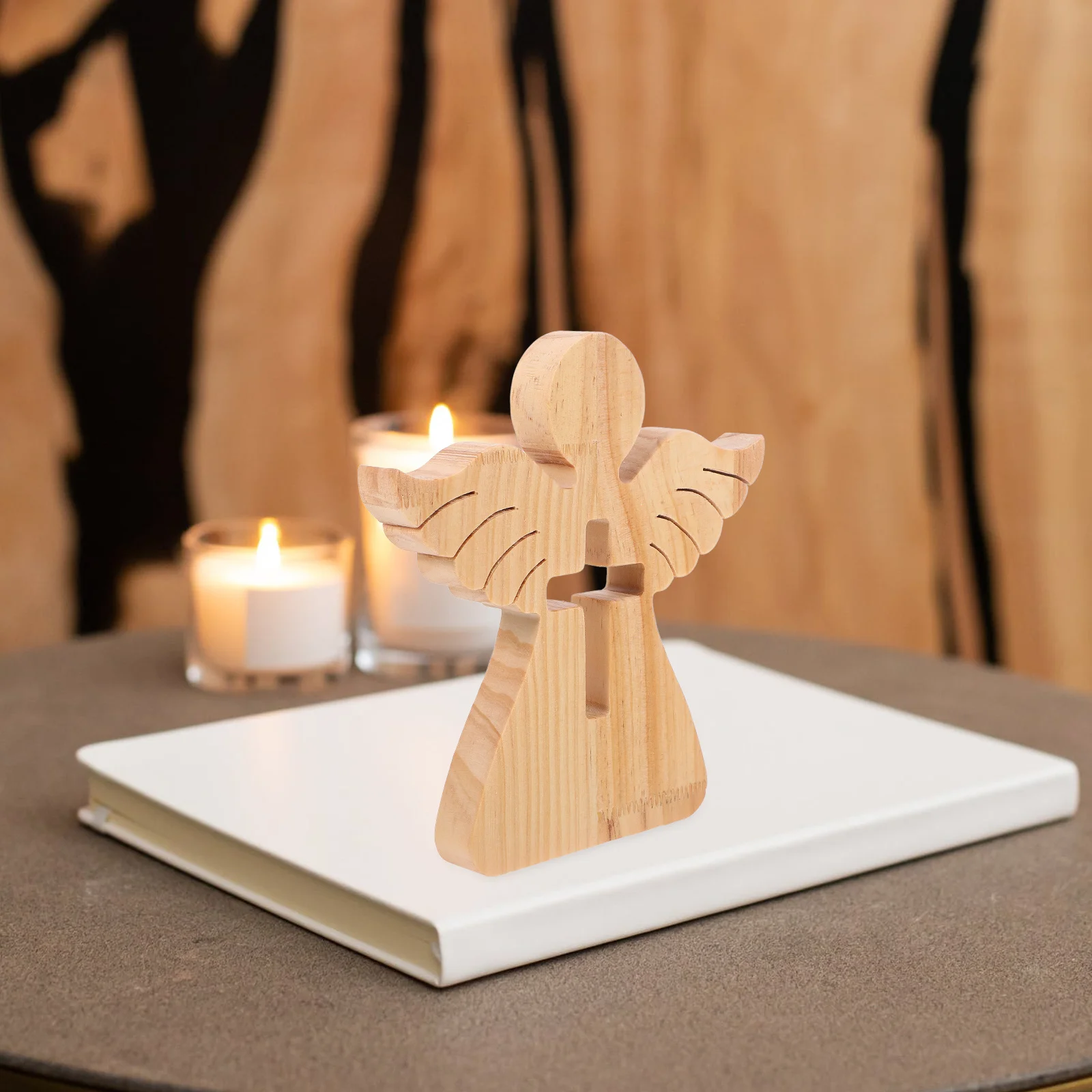 

Wooden Angel Cross Carved Desktop Statue Elegant Baptism Gift Angel Sculpture Decor Wooden Crafts Decor