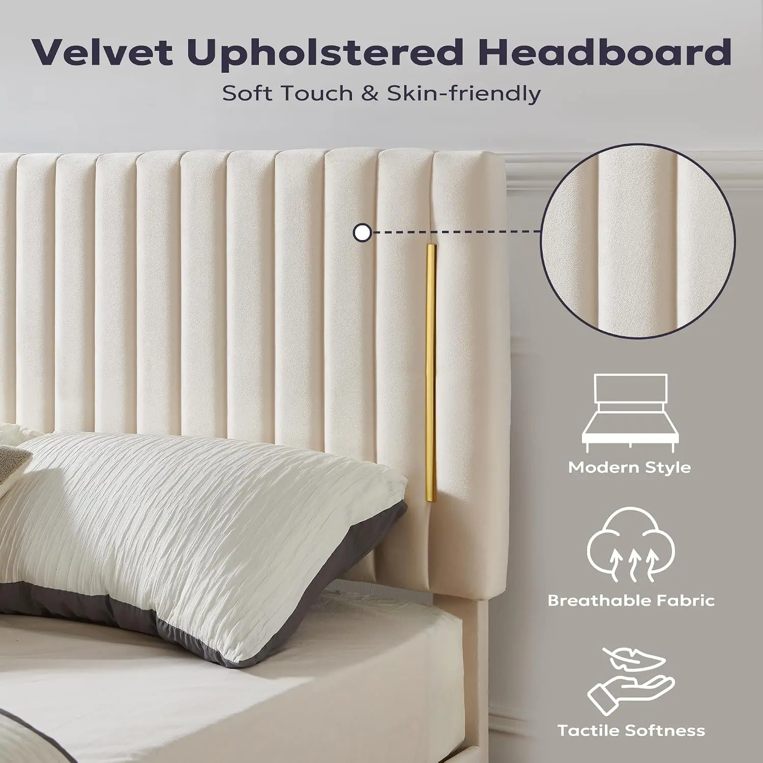 Velvet Platform Bed with Adjustable Headboard & Golden Trim, Wooden Slat Foundation, No Box Spring, Customized