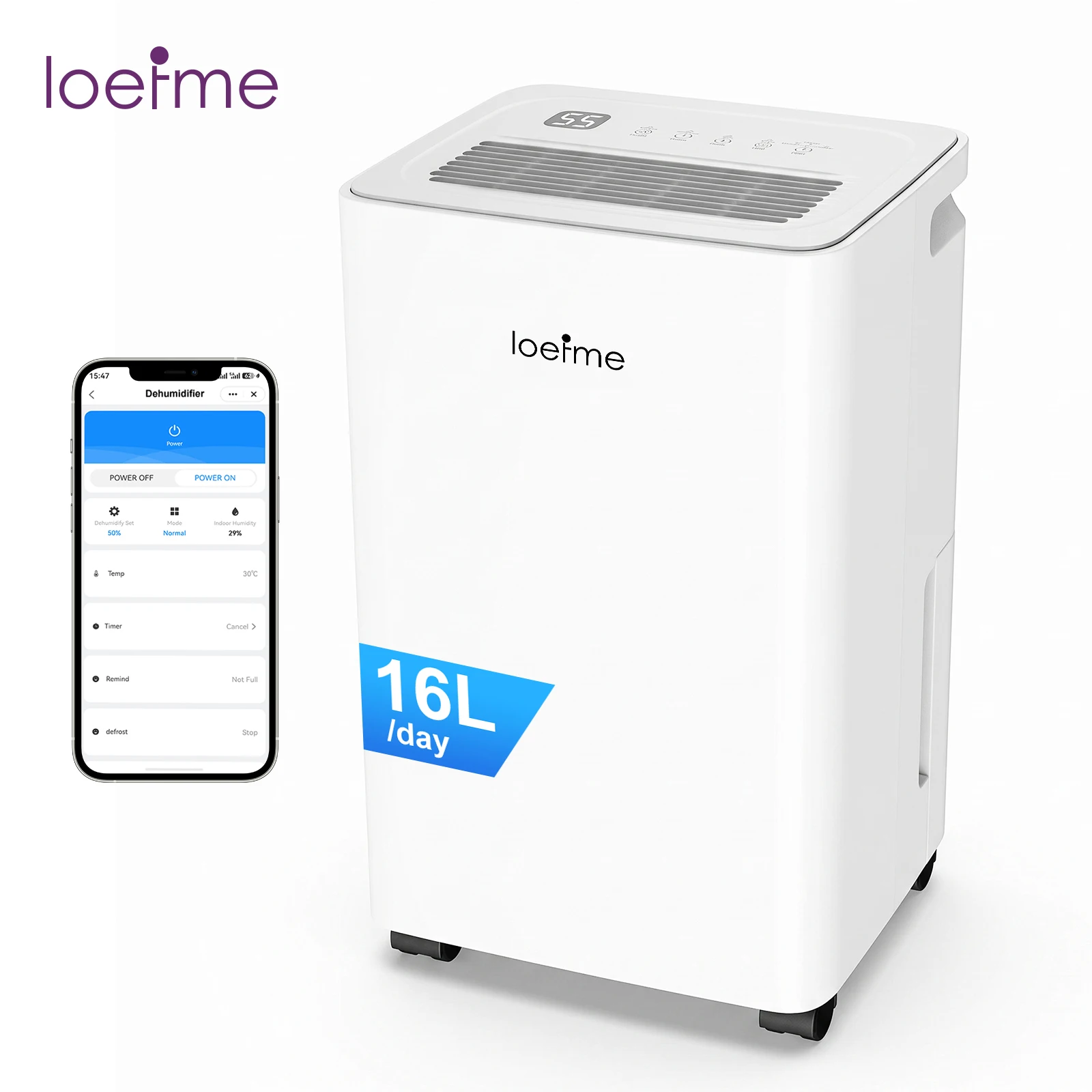 LOEFME Smart Air Dehumidifier 16L/24H Moisture Remover WiFi App Control 2L Water Container 3M Continuous Drain Pipe Touch Screen Timer for Home