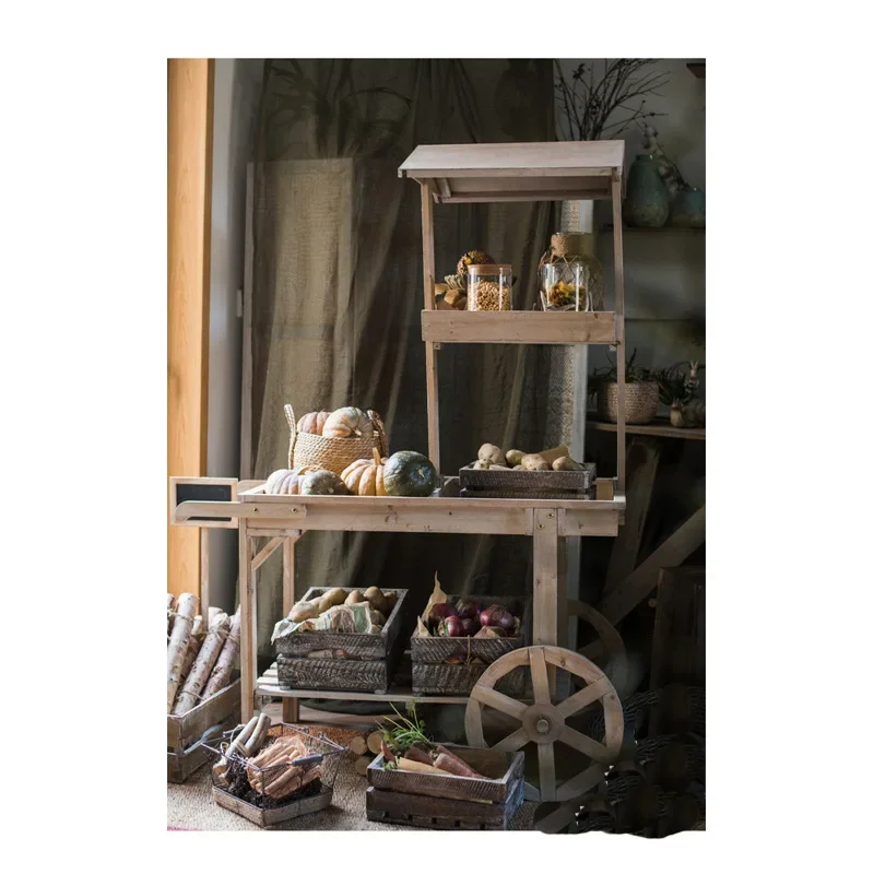 Antique Solid Wood Retail Display Wagon 3 Tier Shelves Rolling Merchandise Stand for Flower Shop Craft Fair Booth Home Entryway