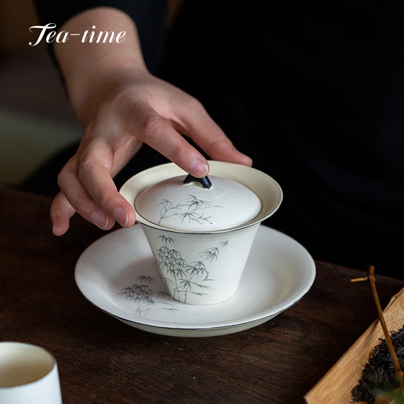 

Powder Printing Gaiwan Hand Painted Bamboo 150ml Tea Bowl Gaiwan Set Jingdezhen Sancai Tea Cup Chawan Tool Kung Fu Oolong Puer