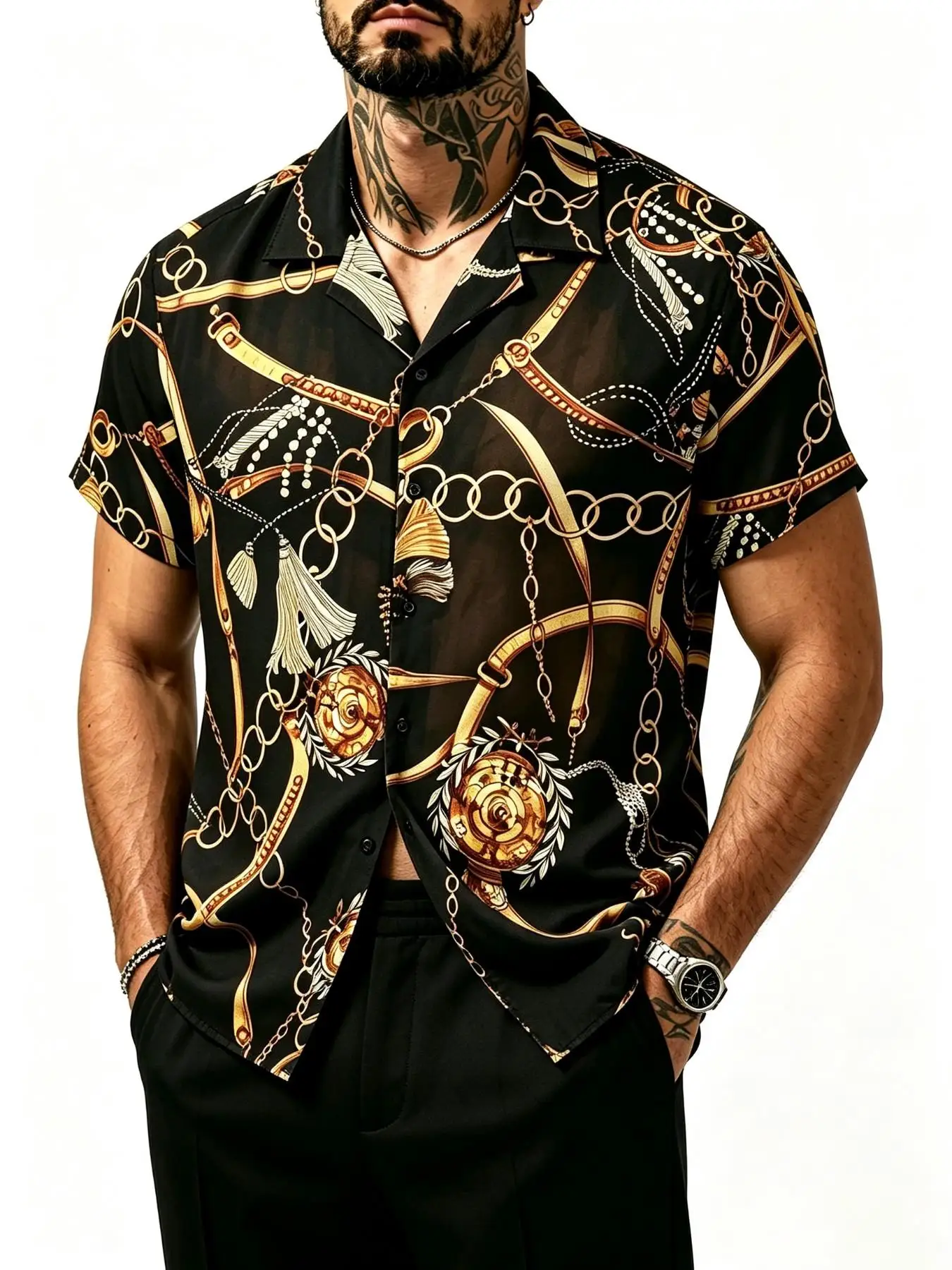 Men's Chain Print Short Sleeve Shirt Lapel Button Down Casual Summer Beach Shirt Vintage Baroque Pattern Loose Fit Holiday Tops