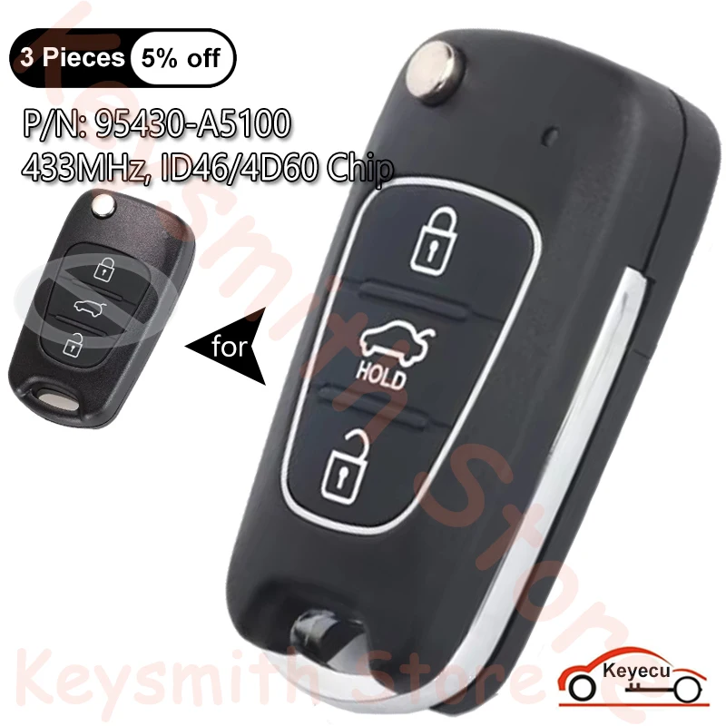 

KEYECU 3 кнопки 433 МГц ID46 4D60 чип для Hyundai I30 i30 2013 2014 2015 2016 2017 автоматический обновленный флип дистанционный ключ 95430-A5100