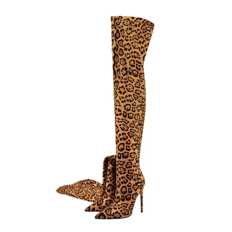 Plus Size Shoes 47 45 43 2024 New Fashion Sharp Pointed Leopard Print Knee High Boots for Women Elegant High Heels Elastic boots