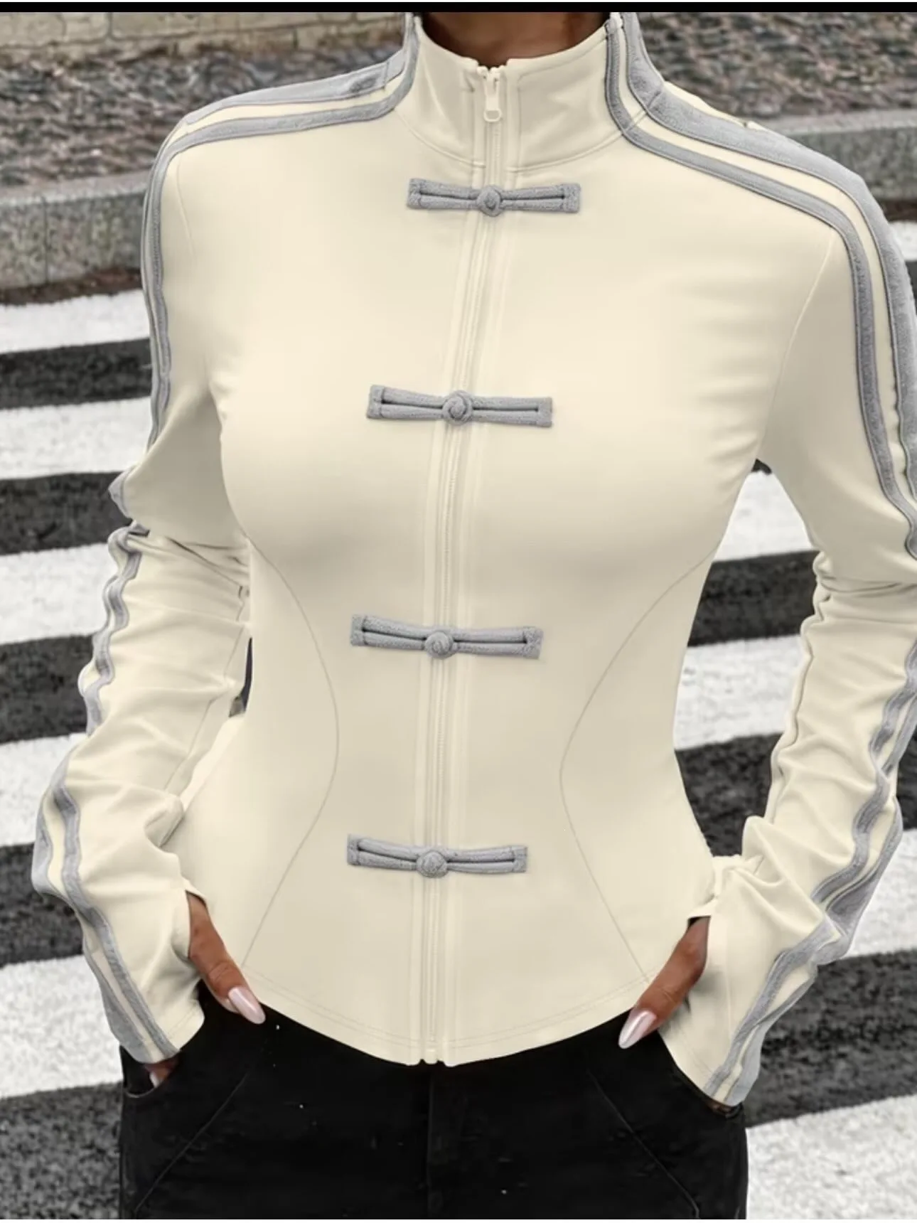 Y2K New Chinese Frog Button Stand Collar Top Slim Fit Side Stripe Long Sleeve Zip Up Retro Streetwear Fitted Jacket