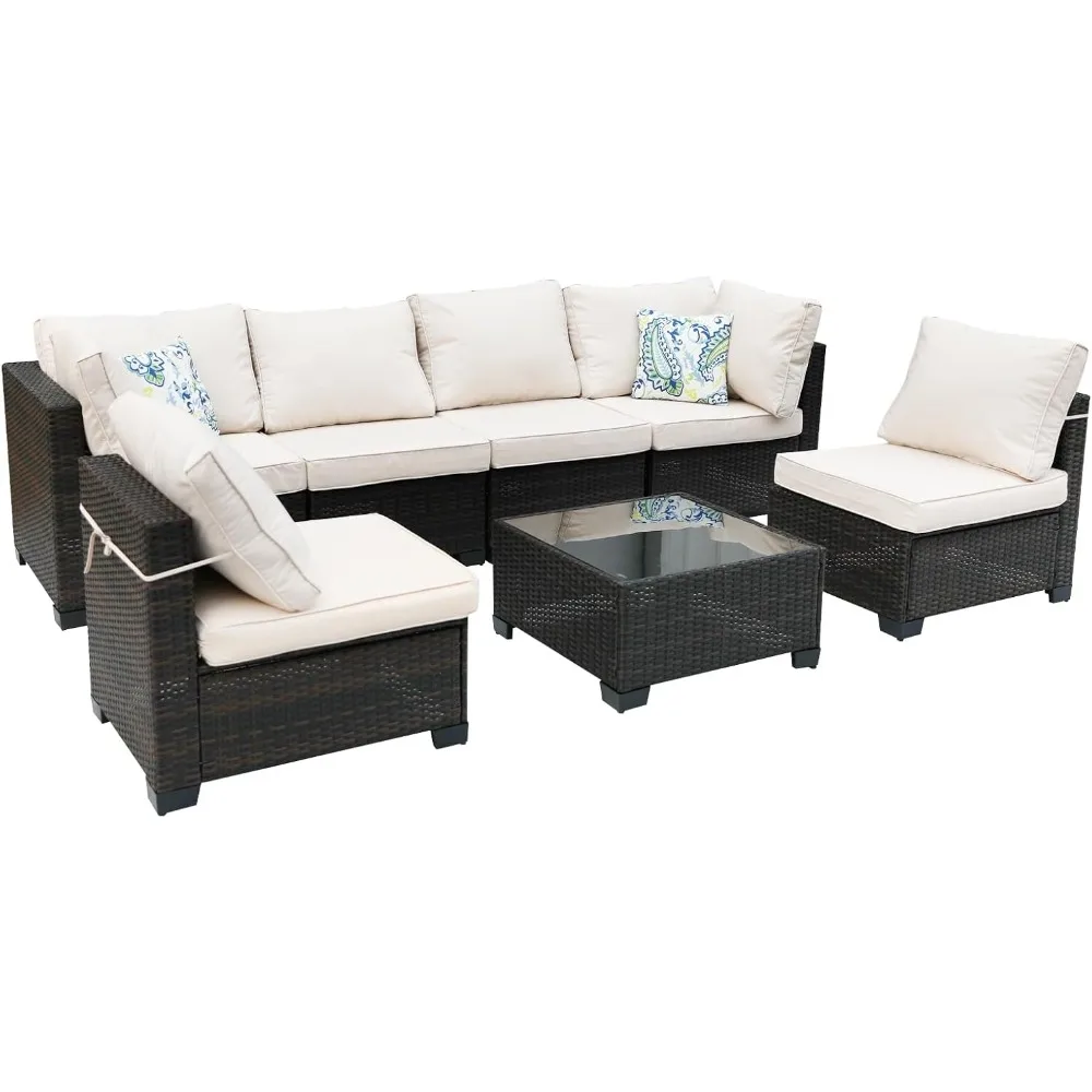 7 Pieces Outdoor Rattan Wicker Patio Conversation Set with Coffee Table, Armless Sofa, and Corner Sofa