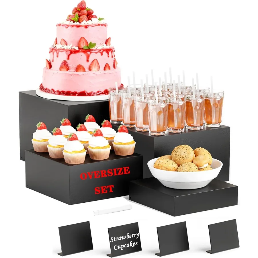 

Metal Buffet Risers4PCS OVERSIZED Food Risers for Buffet Table 8''X9''10''X11''Display Stand with Mini Acrylic Signs for Cateri