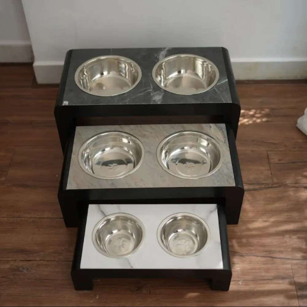 Dog & Cat Stainless Steel Dog Bowl Pet Feeder Bowls For Pet Wooden Top and Black Metal Frame 2 in 1 Dog Cat Bowls