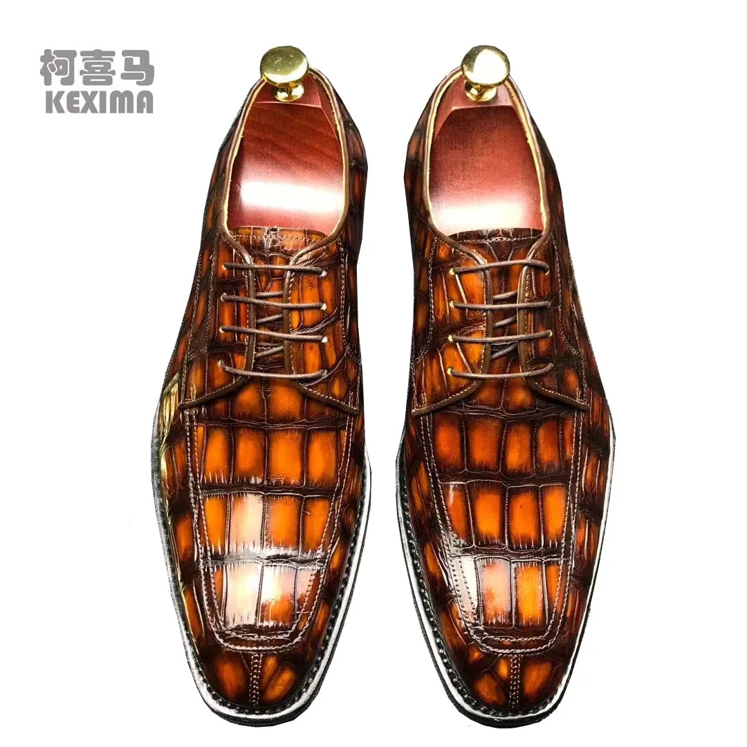 

KEXIMA chue new arrival men dress shoes male formal shoes brown brush color men crocodile leather shoes leather sole fashion