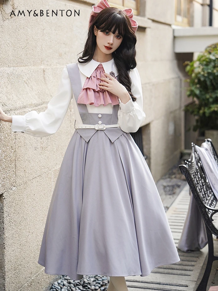 

Spring New Preppy Style Sweet Cute Doll Collar Bowknot Slim Fit Dress for Women Daily Lolita Dresses Kawaii Patchwork Sexy Dress