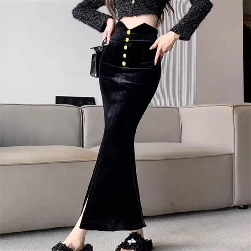 Nieuwe Franse Fluwelen Slanke Zeemeermin Rok Vrouwen Elegante Sexy Verpakt Hip Hoge Taille Mode Lange Party Rokken Knoppen Mujer Faldas
