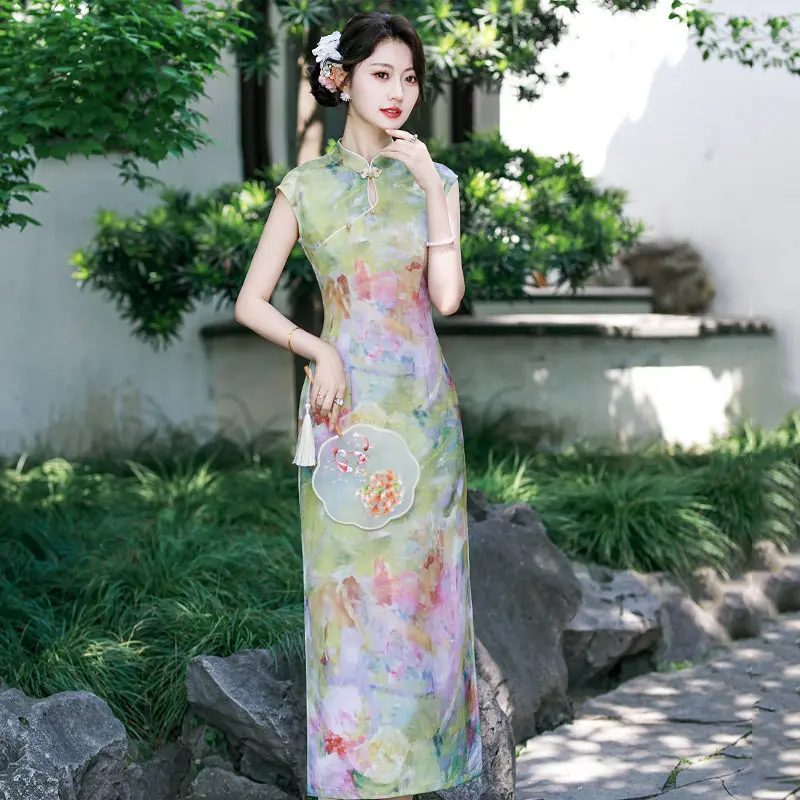Purple Print Women Chinese Tradition Style Long Cheongsam New Improved Female Mandarin Collar Satin Qipao Dress