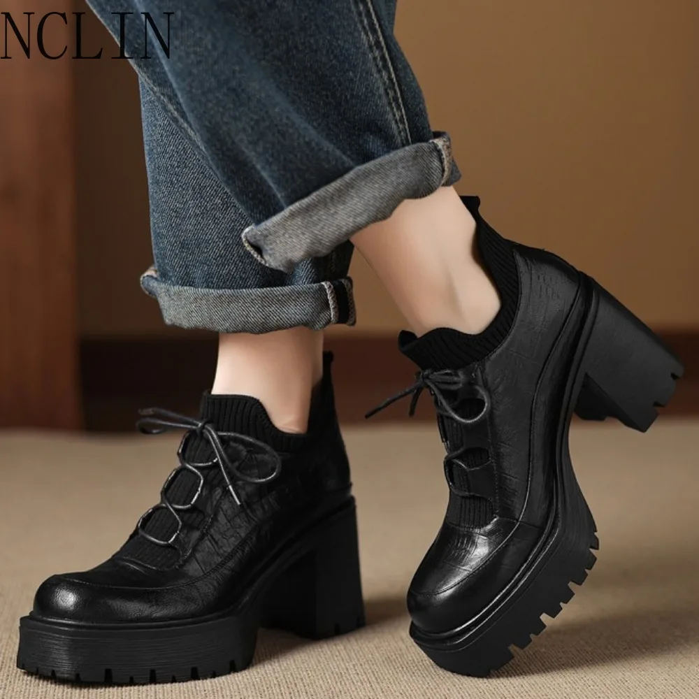 Autumn Women's Short Boots Square Toe Thick Heel Platform High Heels Luxury Design Genuine Leather Women's Casual Shoes Winter