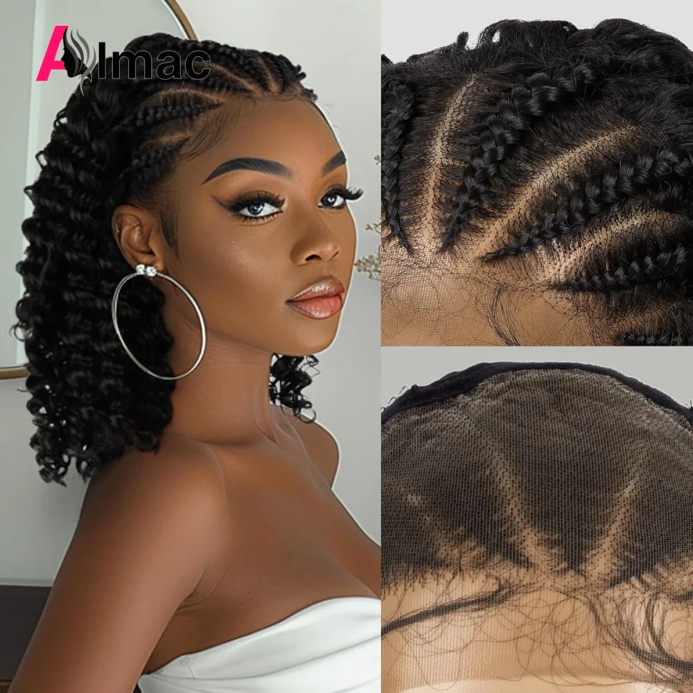 

Cornrows Braided Jerry Curly Bob Wig 220% Density 13x4 TransparentLace Frontal Human Hair Box Braids Remy Hair Wigs