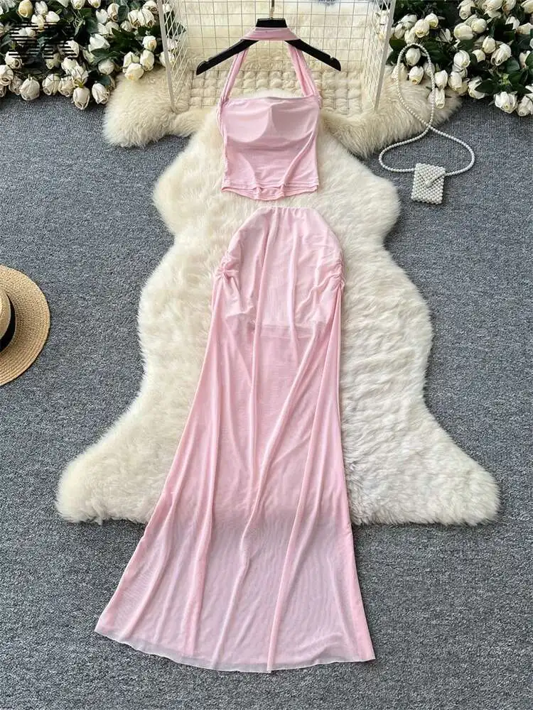 BabYoung Sommer Perlen Zwei Stücke Sets Frauen Halter Crop Top + Sheer Solide Bodycon Langen Rock Mesh Sexy Urlaub 2 stücke Anzüge