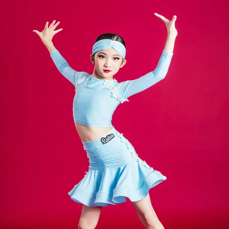 

Children's Summer Latin Dance Dress Girls' New Training Class Dress Sky Blue Performance Costumes Split Set 댄스복