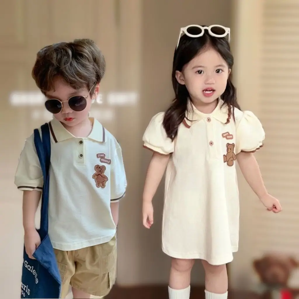 New Brother Sister Suit Kids Bear Set Boys Gentleman Suit+Girls POLO Dress+Girls Skirt Suit Toddler Party Family Outing Leisure