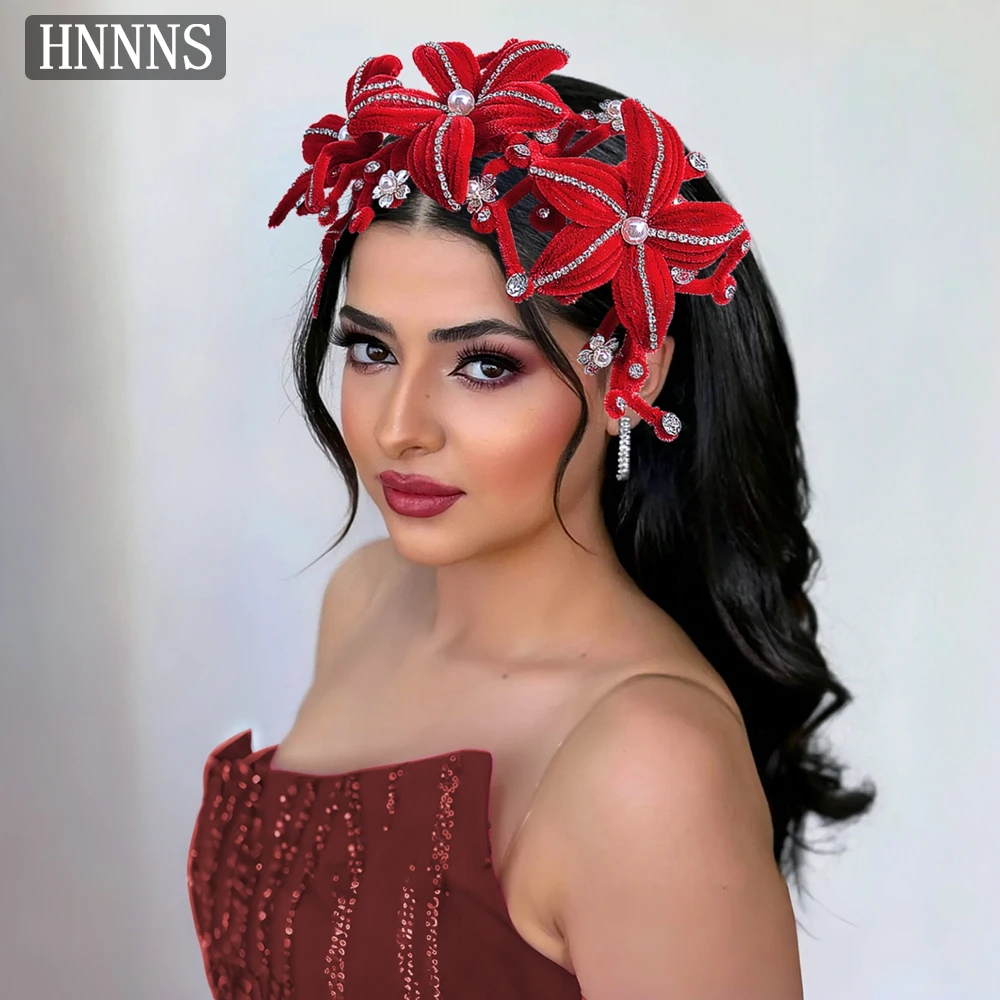 

HNNNS Red Bridal Wedding Dress Hair Accessories 3D Large Flowers Headpiece Elegant Luxury Headwear Women's Formal Headdress A383