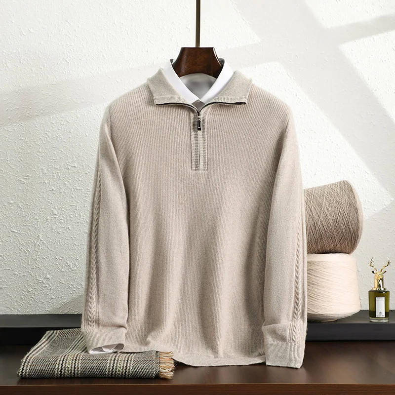 

Autumn Winter New Men's 100% Cashmere Lapel Pullover Sweater Casual Business Long Sleeved Knitted Base Sweater Loose Menswear