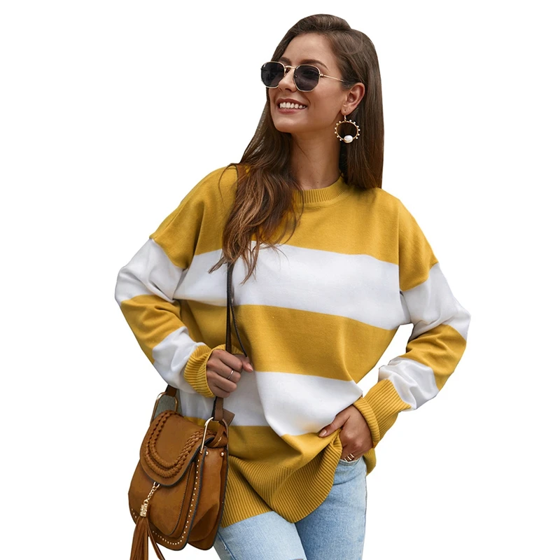 

Autumn and winter new plus size casual sweater quality fashion ladies round neck striped stitching sweater