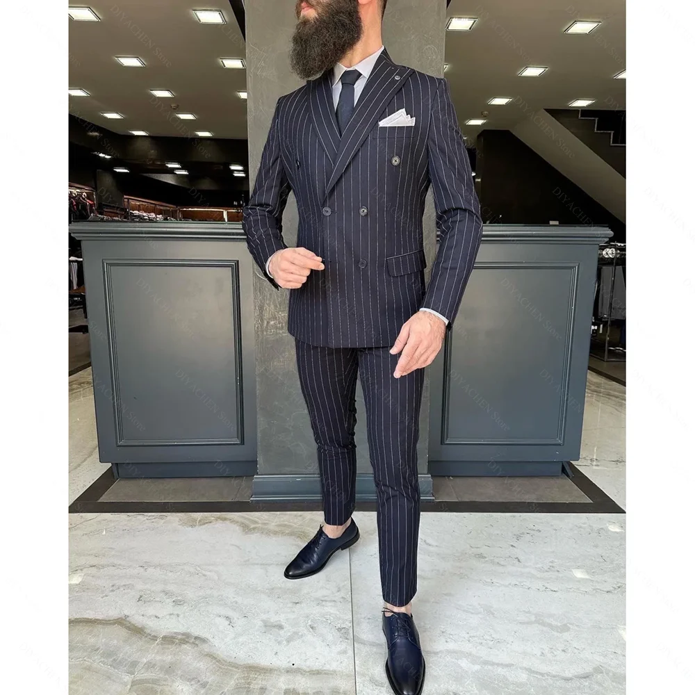 

Chic Striped Men Suits Peak Lapel Double Breasted Outfits Two Pieces Business Casual Slim Fashion Male Suit (Blazer+Pants)
