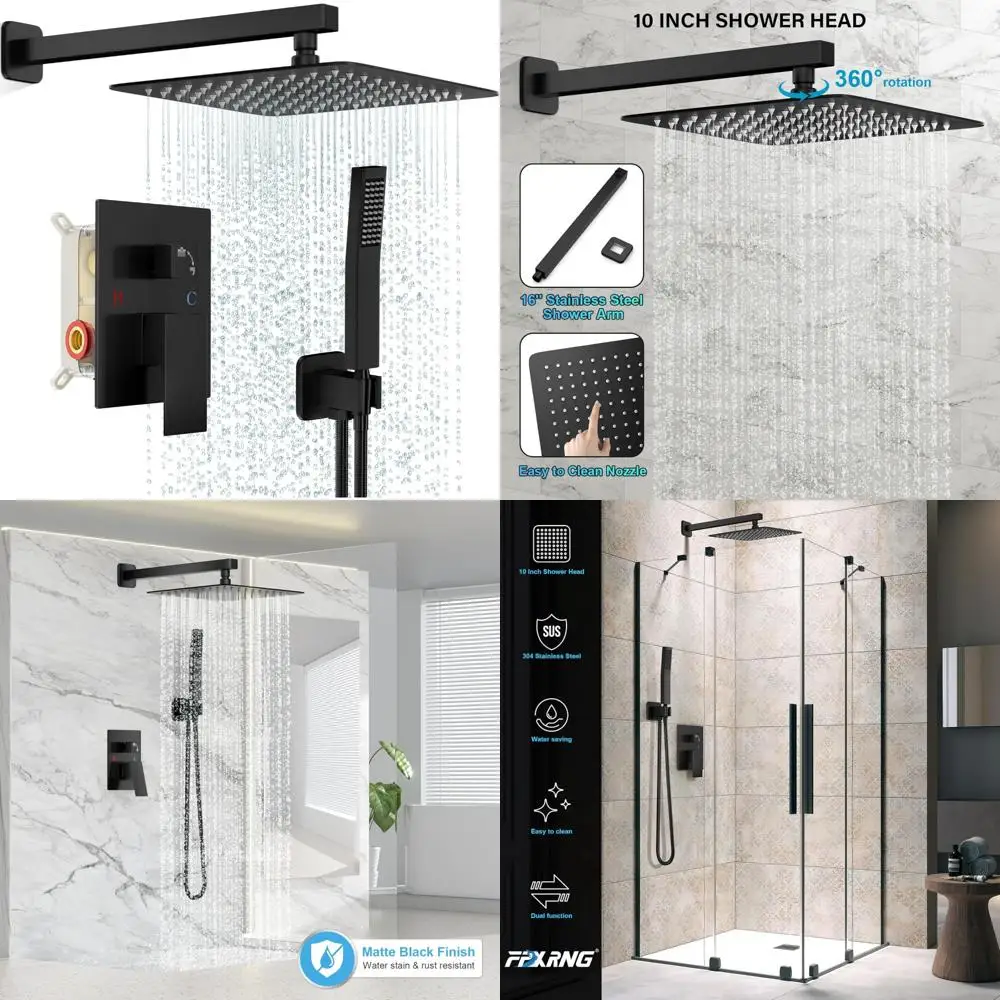 

Wall-Mounted Full Metal Shower System with Rainfall Square Head and Handle Set, Black Shower Fixtures for Durable Bathroom Upgra