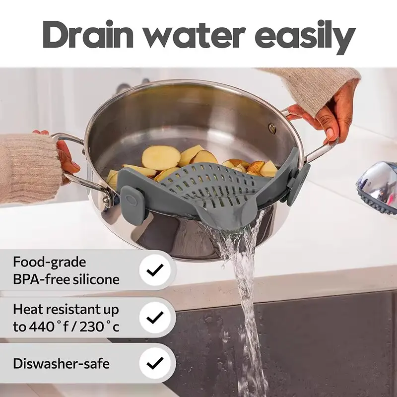 1PC Adjustable Silicone Clip on Strainer for Pots, Pot Strainer,  Kitchen Pot Strainer Handheld Drainer for Noodles Pasta