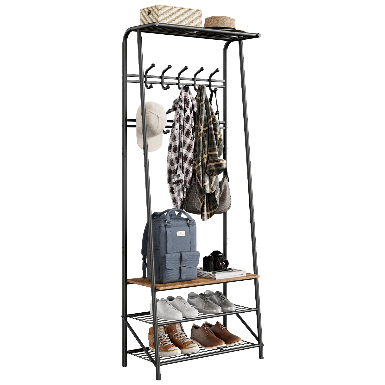 Coat Rack Shoe Bench with 5 Hooks Hall Tree Entryway Storage Bench with 3-Tier Shelf Multifunctional Hallway Organizer