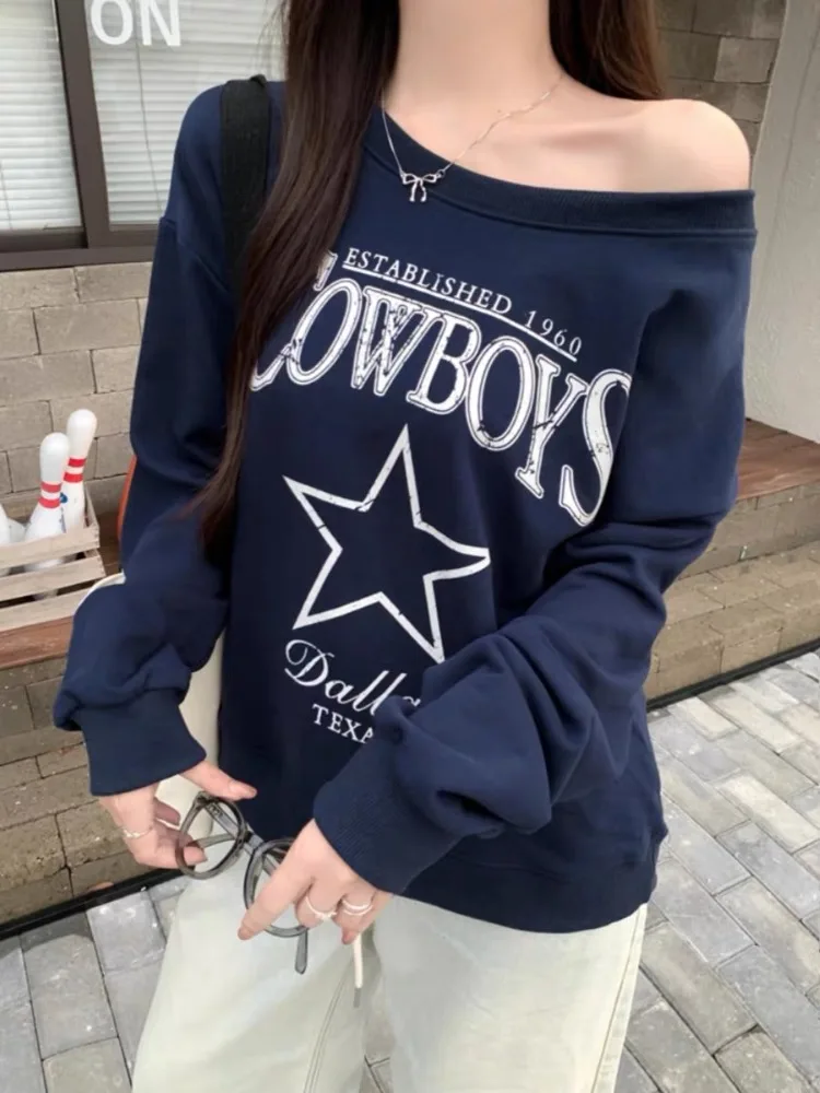 HOUZHOU Korean Style Graphic Sweatshirts Women Off Shoulder Oversized Vintage Y2k Letter Printed Pullovers Casual Streetwear