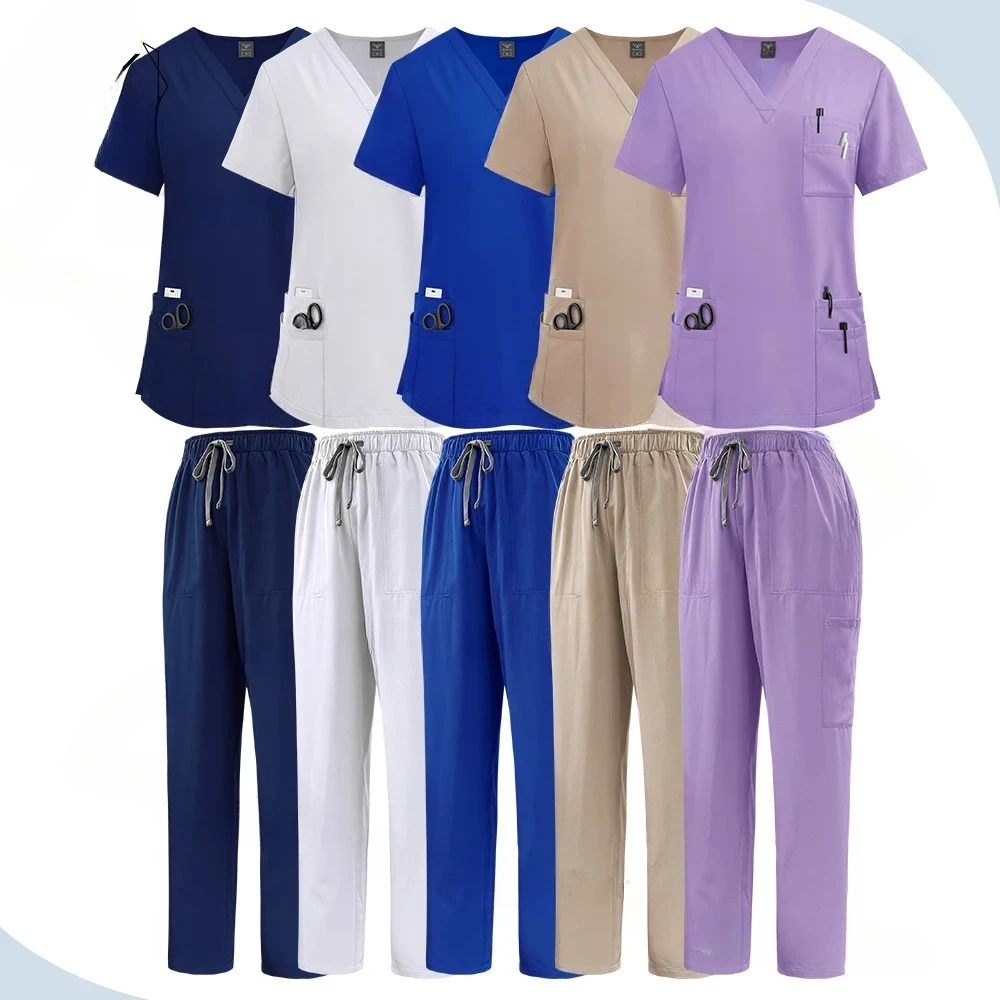 

Elastic Scrub Set Operating Room Surgical Uniform Dental Veterinary Work Uniforms V-neck Short Sleeved Tops Pants Suit Wholesale