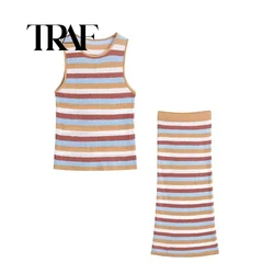 TRAF Suit Women's 2-piece Stitching Cut Knitted Striped Vest Vintage Top+elastic Waist Knitted Overskirt Suit