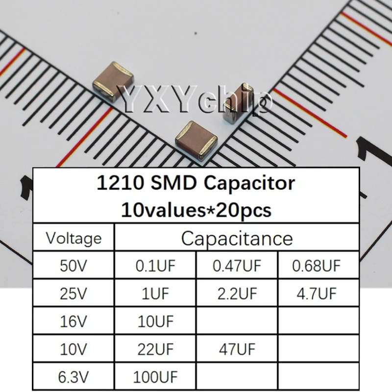 

1210 SMD Capacitor assorted kit,10values*20pcs=200pcs 100nF~100uF Samples Kit electronic diy kit