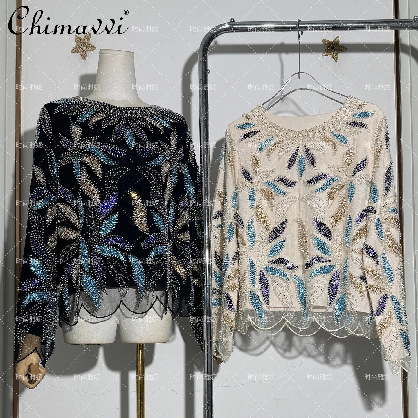 

Fashion Long Sleeve Round Neck Beaded Sequin Pearl Women's Top Spring New High Street Leaf Luxury Stage Performance Blouse