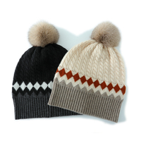 Autumn Winter 100% Pure Wool Thickened Knitted Hat Baseball Cap Color Block Jacquard New Warm Hat with Pom Pom Ear Protection