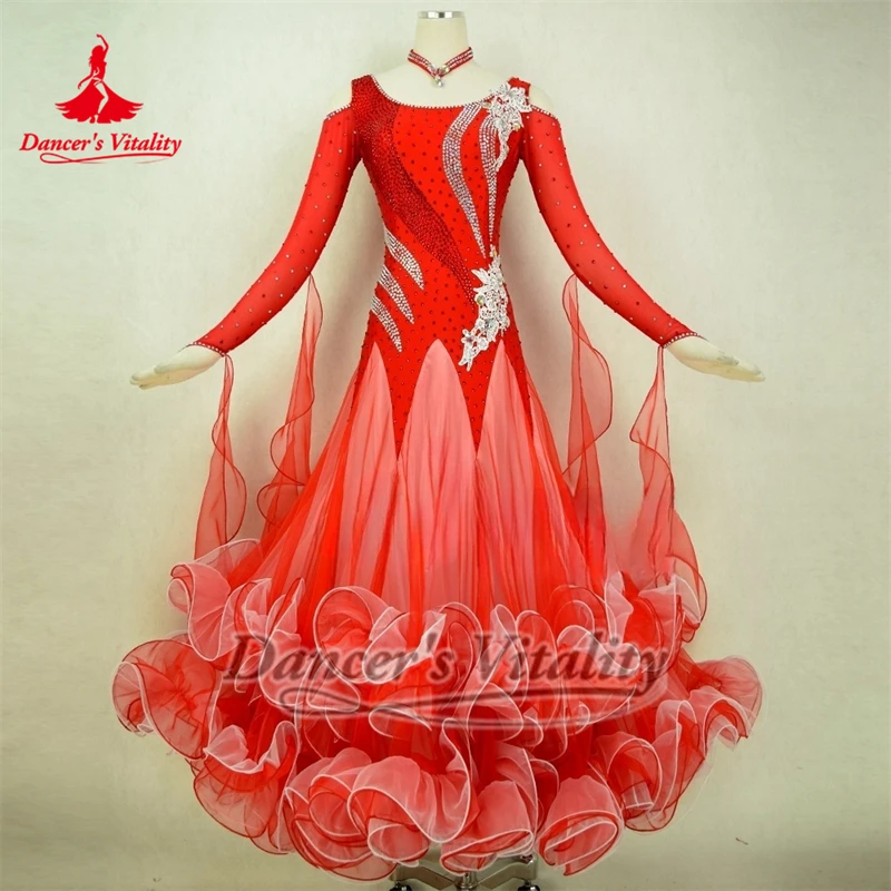 大人女性用社交ダンス長袖ドレス、ネックレス付き、カスタマイズ可能、ワルツ、プロのパフォーマンス衣装、ダンサーの活力