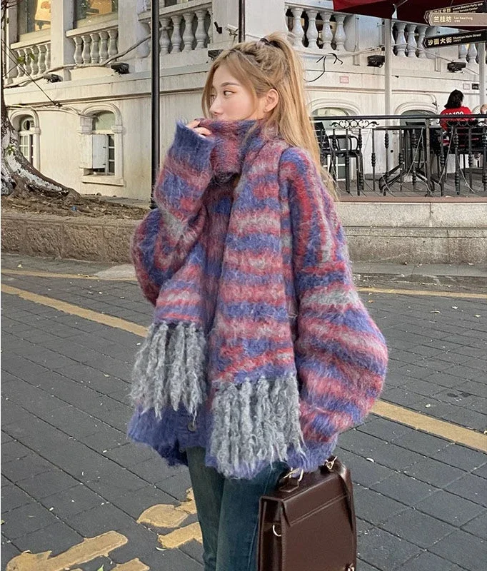 Cardigan Women Autumn Winter V-neck Striped Vintage Full Loose Knitted Cardigan Long Tassel Long Scarf Suits Mori Girl