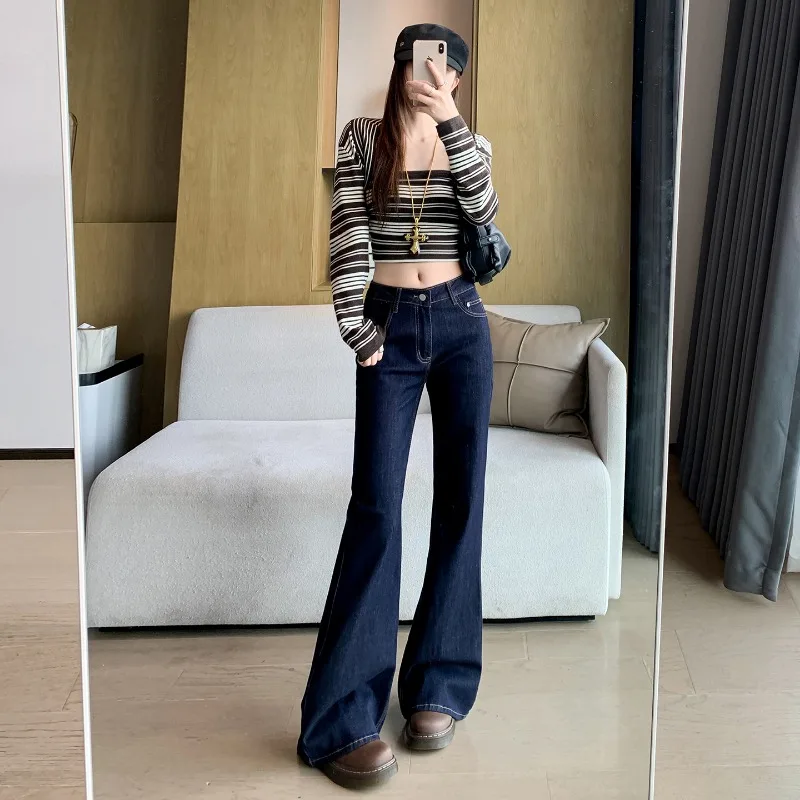 OIQERE 2026 Autumn Women Denim Blue Non Skinny Flare Jeans Stretch Hip Covering Slim Fit Casual Bootcut Long Trousers