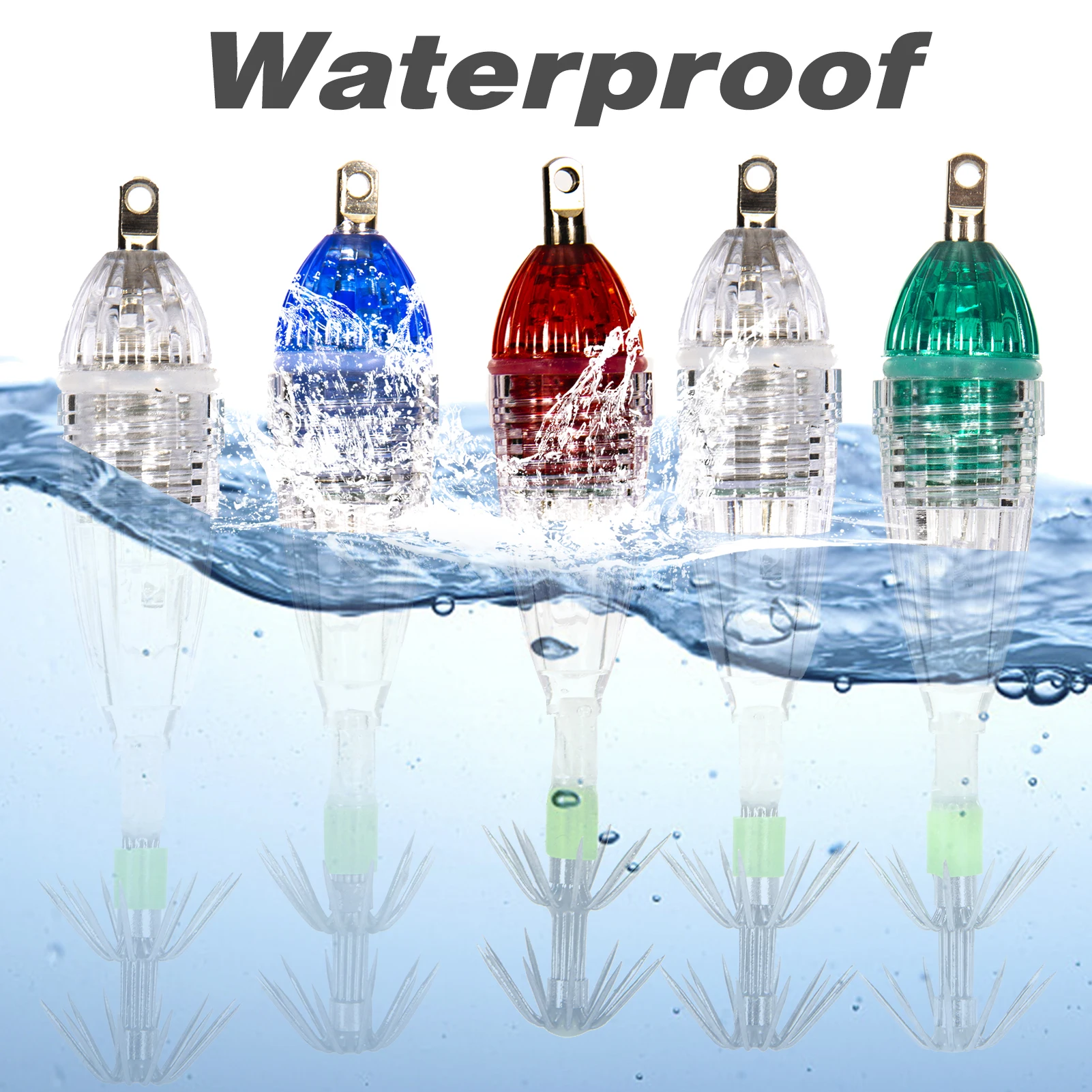 5pcs Waterproof Underwater LED Fishing Light Fish Lure Attracting Light Lamp with Squid Jig Hooks Fishing Accessories