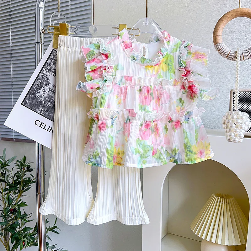 Baby Girls Summer Flower Shirts Tops +pleater pants Blouse Sleeveless Doll Shirt Trousers 2pcs Clothing Sets Suits