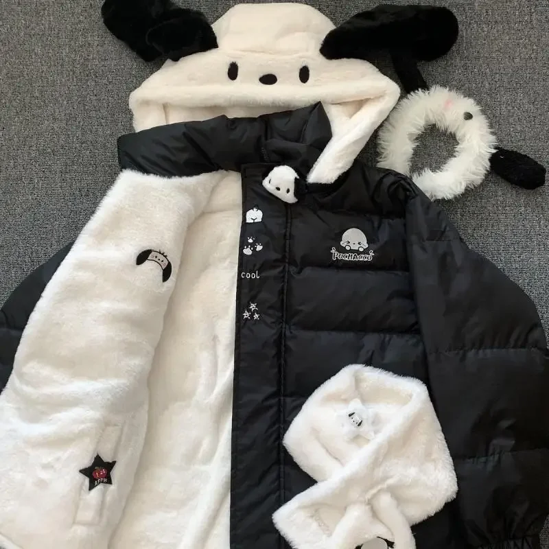 Sanrioed Cinnamoroll Padded Jacket Women Double-Sided Cotton Coat Kawaii Hello Kittys Christmas Embroidery Plus Velvet Tops Cute