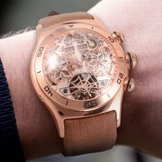 Reef Tiger Men Automatic Watch 44mm Mechanical Wristwatch 50M Waterproof Luminous Bubble Mirror Multi-Dial Year Month Week Date