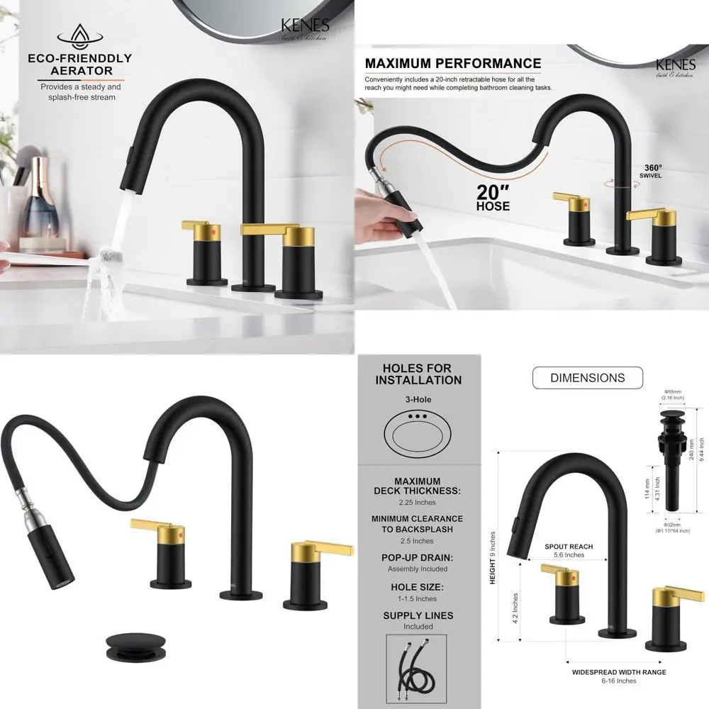 

8, широко распространенный смеситель для раковины в ванной комнате с 3 отверстиями, 2 ручками, выдвижным спреем и выдвижным сливом, LJ-9068-BG