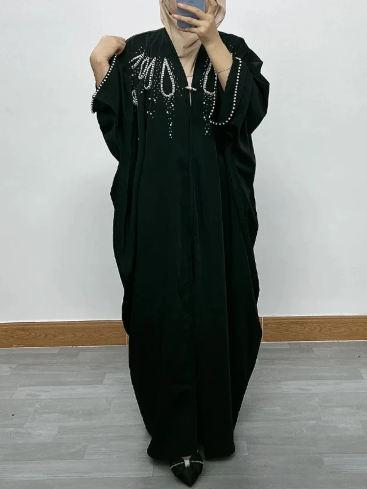 Women Eid Muslim Abaya Ramadan Morocco Cardigan Dubai Batwing Loose Diamonds Abayas Kaftan Vestidos Arab Long Robe Pearls