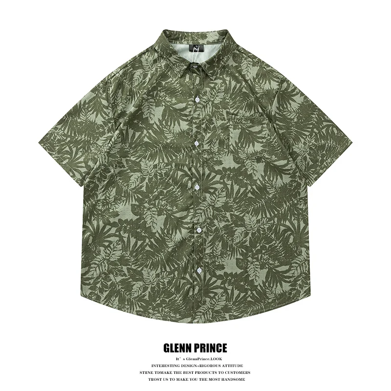 

GPstudio Thai Style Summer Leaf Print Short Sleeve Loose Men's Shirt Vintage Hong Kong Style Casual Holiday Shirt