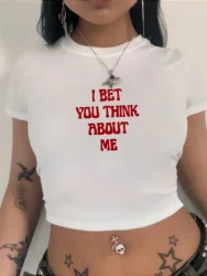 Letter Print Crop T-Shirt Casual Crew Neck Short Sleeve Top Women's Clothing Women Clothes Aesthetic Clothes