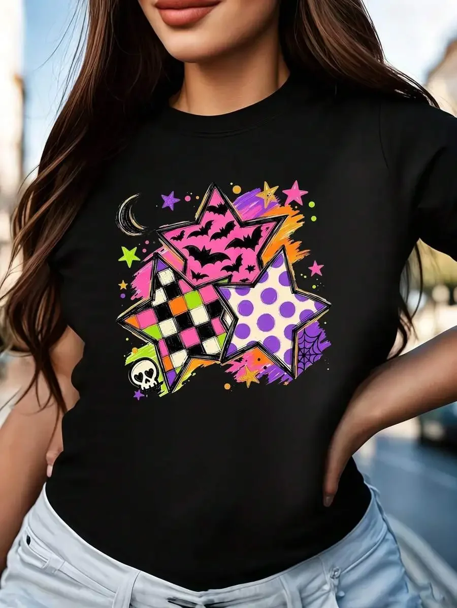 Hot Sale Women's Short Sleeve Crew Neck Tee Colorful Star Pattern Print Summer Casual Daily Comfy Harajuku Breathable Women Tops