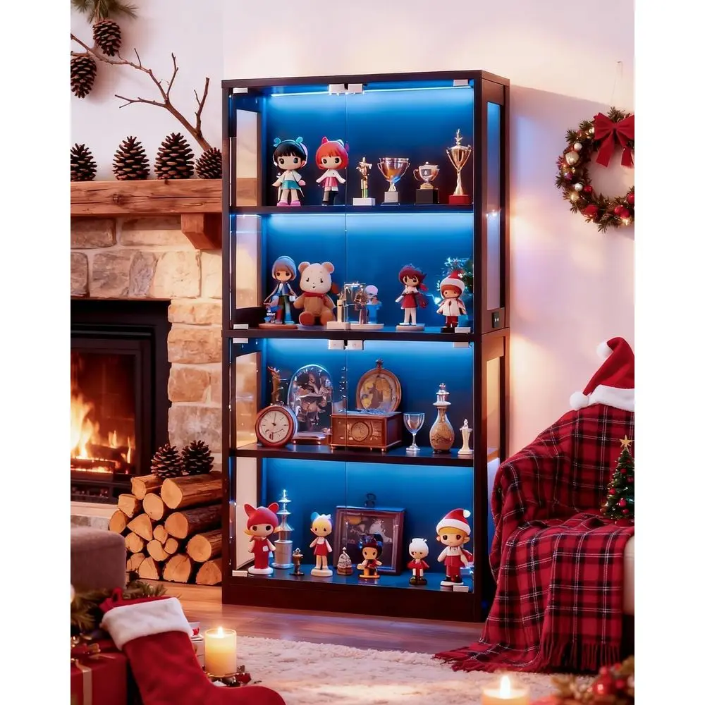 4-Tier Glass Display Cabinet with 7 Color LED Lights, HD Glass Storage for Collectibles, Trophies (Black)