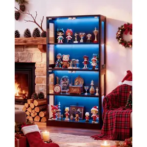 4-Tier Glass Display Cabinet with 7 Color LED Lights, HD Glass Storage for Collectibles, Trophies (Black)
