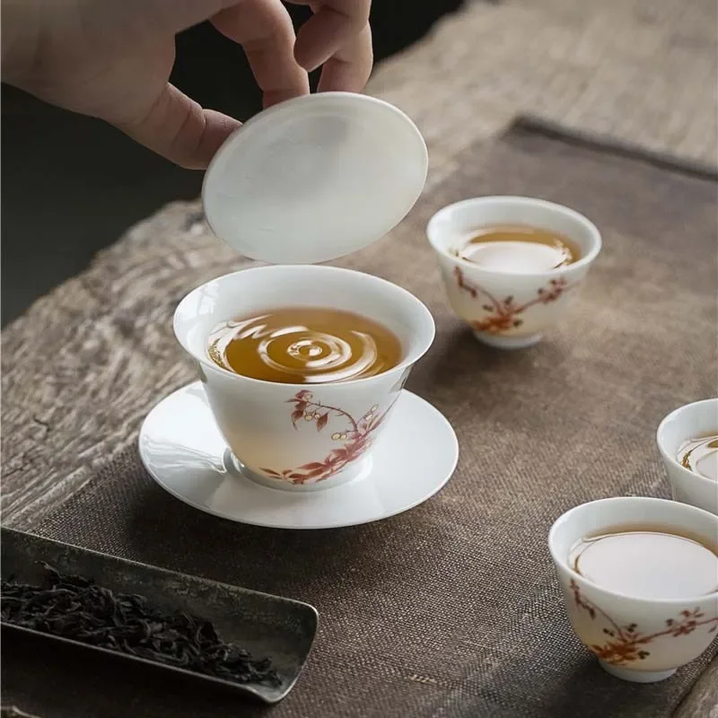 White Ceramic Lidded Bowl Mutton Fat Jade Tea Bowl Hand Painted Blue and White Gaiwan Household Kung Fu Bowl