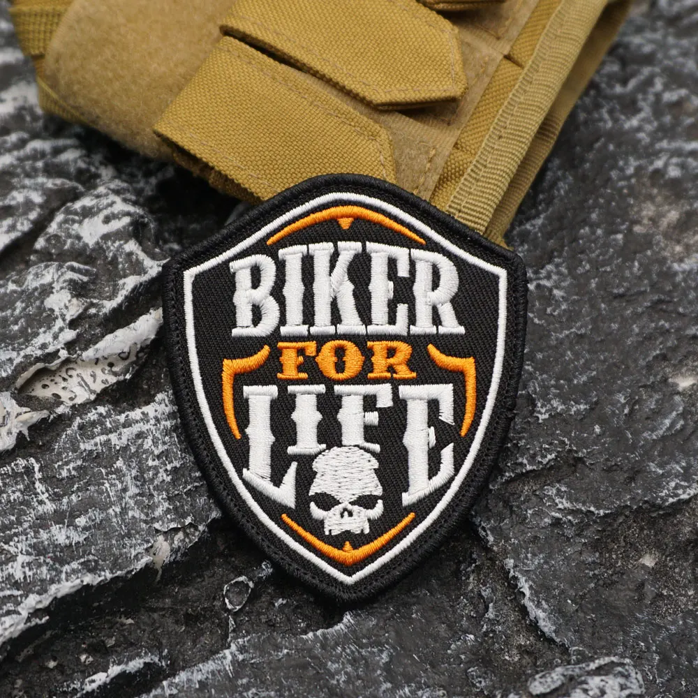 BIKER FOR LIFE Embroidered Patch with merrow border, Sewable Applique for Clothing and Accessories